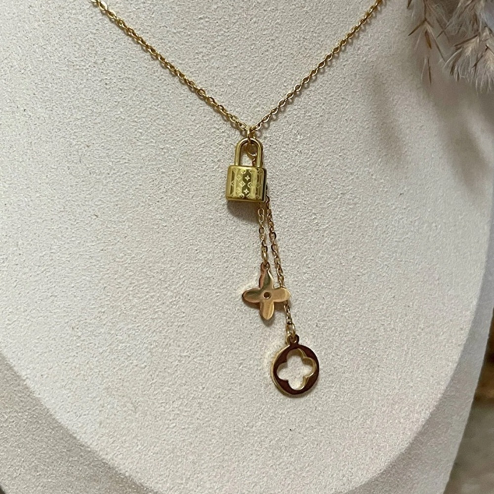 Laser engraved LV Lock, Fleur and Clover Necklace | BRAND NEW with Tags